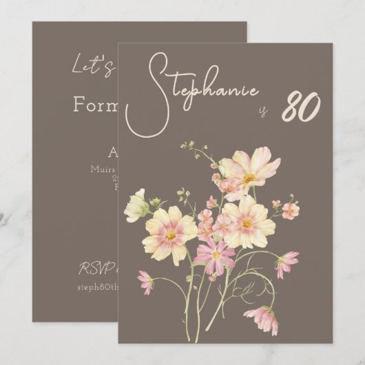 Elegant Floral Taupe Blush 80th Birthday Invitatio 招待状 (正面/裏面)