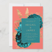 Elegant Floral Teal Blue Coral Gold Wedding 招待状 (正面)