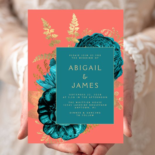 Elegant Floral Teal Blue Coral Gold Wedding 招待状