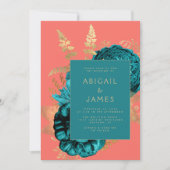 Elegant Floral Teal Gold Coral QR Code Wedding 招待状 (正面)