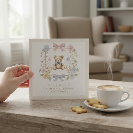 Elegant Floral Teddy  pastel  baby shower QR code 招待状