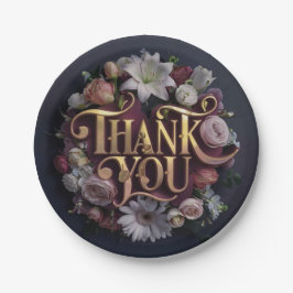 Elegant Floral “Thank You” Gold Lettering Design ペーパープレート