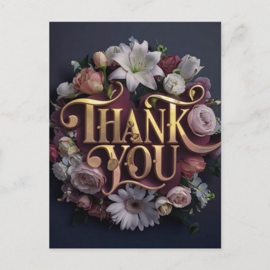 Elegant Floral “Thank You” Gold Lettering Design ポストカード (正面)