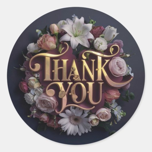 Elegant Floral “Thank You” Gold Lettering Design ラウンドシール (正面)