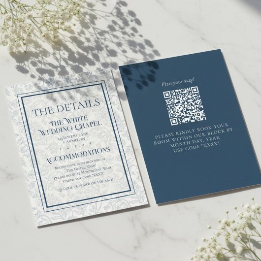 Elegant Floral Toile QR Code Wedding Details エンクロージャーカード