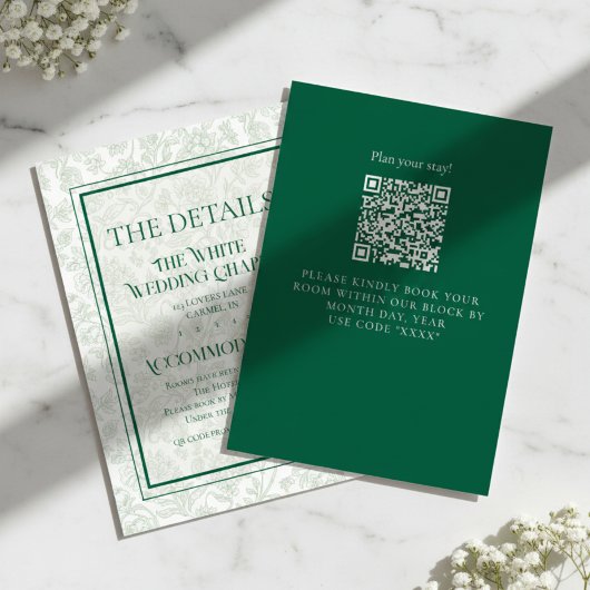 Elegant Floral Toile QR Code Wedding Details エンクロージャーカード