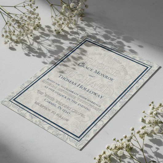 Elegant Floral Toile Script Monogram Blue Wedding 箔招待状