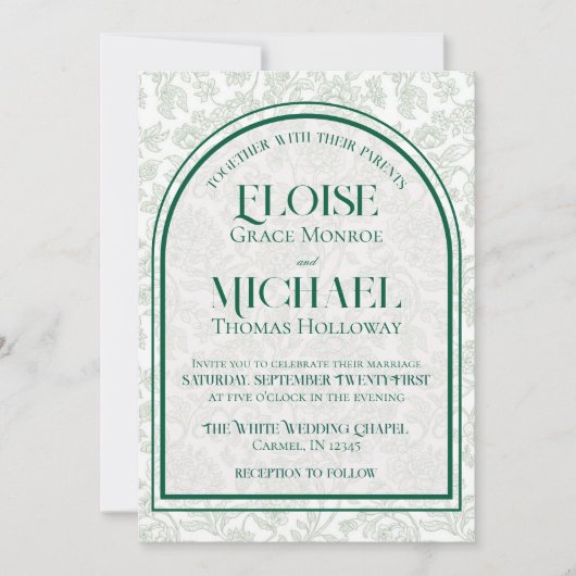 Elegant Floral Toile Script Monogram Green Wedding 招待状 (正面)
