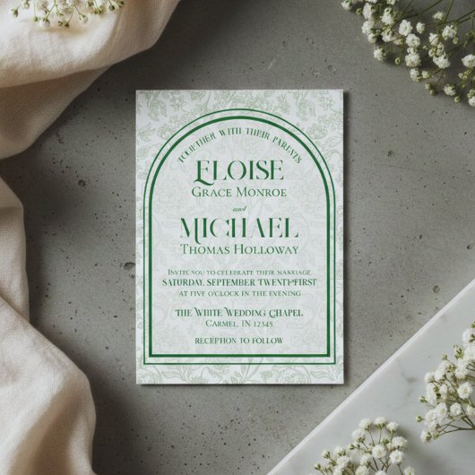 Elegant Floral Toile Script Monogram Green Wedding 招待状