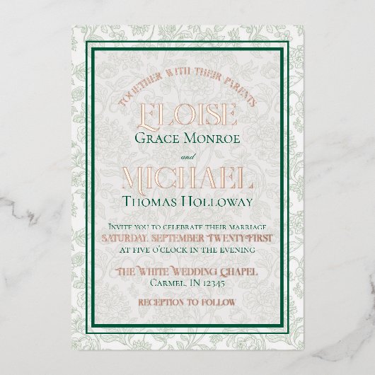 Elegant Floral Toile Script Monogram Green Wedding 箔招待状 (正面)
