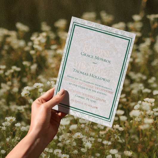 Elegant Floral Toile Script Monogram Green Wedding 箔招待状