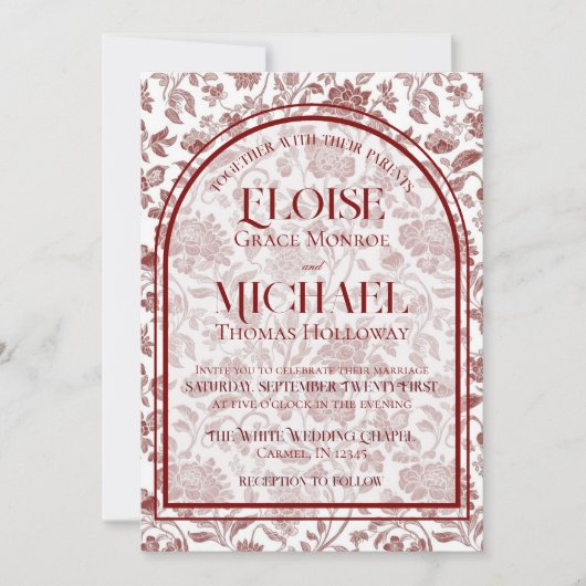 Elegant Floral Toile Script Monogram Red Wedding 招待状 (正面)