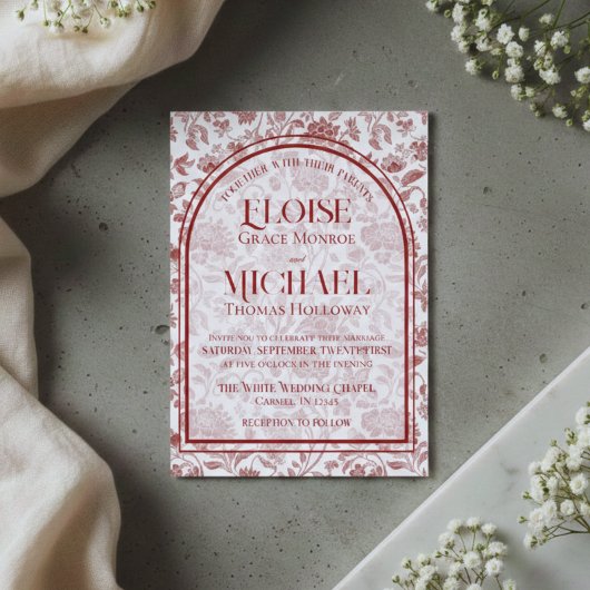 Elegant Floral Toile Script Monogram Red Wedding 招待状