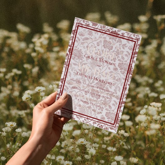 Elegant Floral Toile Script Monogram Red Wedding 箔招待状