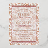 Elegant Floral Toile Script Monogram Red Wedding 箔招待状 (正面)