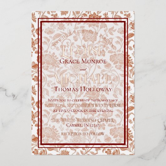 Elegant Floral Toile Script Monogram Red Wedding 箔招待状 (正面)