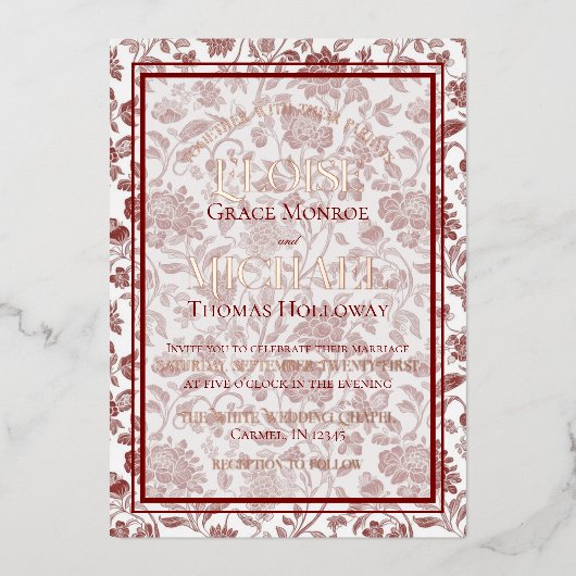 Elegant Floral Toile Script Monogram Red Wedding 箔招待状 (正面)