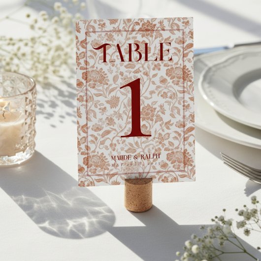Elegant Floral Toile Script Red Wedding  テーブルナンバー