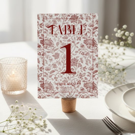 Elegant Floral Toile Script Red Wedding  テーブルナンバー