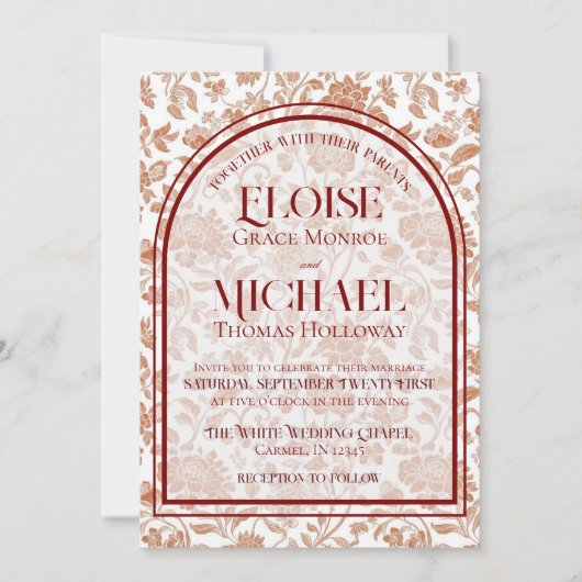 Elegant Floral Toile Script Terracotta Red Wedding 招待状 (正面)