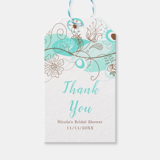 Elegant Floral Twist Bridal Shower in Turquoise ギフトタグ (正面)