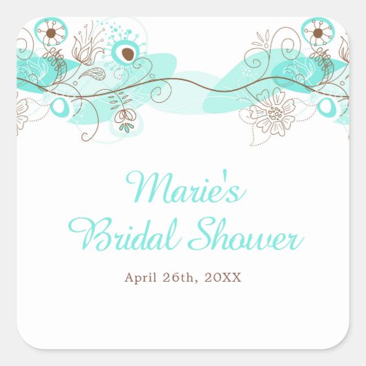 Elegant Floral Twist Bridal Shower in Turquoise スクエアシール (正面)