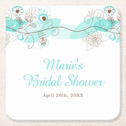 Elegant Floral Twist Bridal Shower in Turquoise スクエアペーパーコースター (正面)