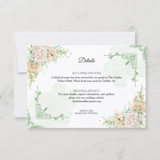 Elegant Floral Vintage Wedding Details Card 招待状 (正面)