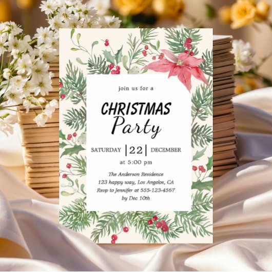 Elegant Floral Watercolor Christmas Party  招待状