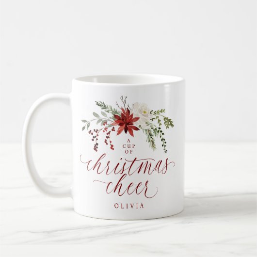 Elegant Floral Watercolor Greenery Christmas コーヒーマグカップ (左)