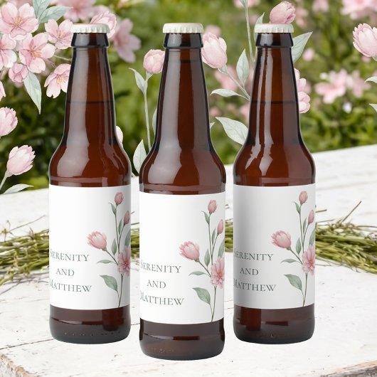 Elegant Floral Watercolor Pink Sage Spring Wedding ビールラベル