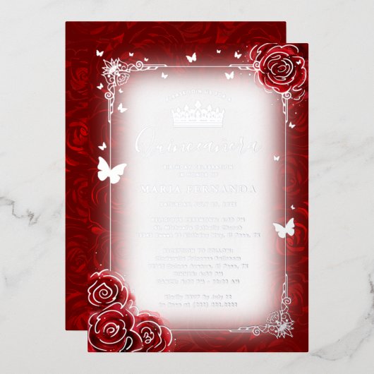 Elegant Floral Watercolor Red Rose Quinceanera 箔招待状 (正面/裏面)