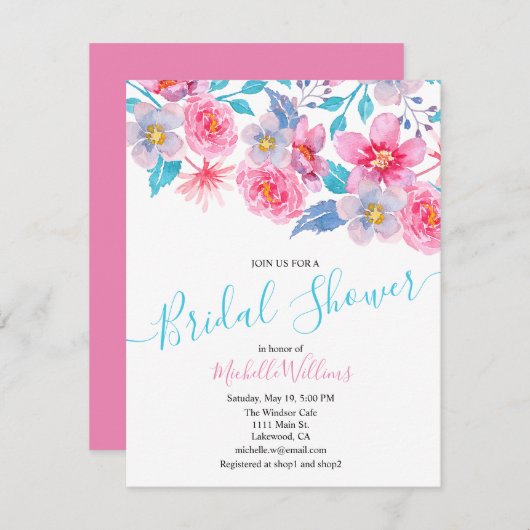 Elegant floral watercolour bridal shower 招待状 (正面/裏面)