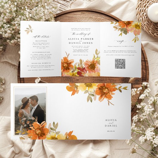 Elegant floral wedding all in one QR code RSVP 三つ折り招待状