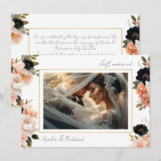 Elegant Floral Wedding Announcement Card 招待状 (正面/裏面)