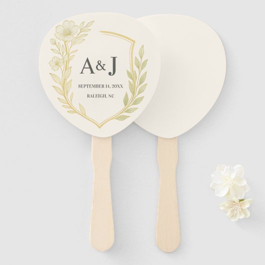 Elegant Floral Wedding Crest Monogram Ivory ハンドファン (正面&裏面)