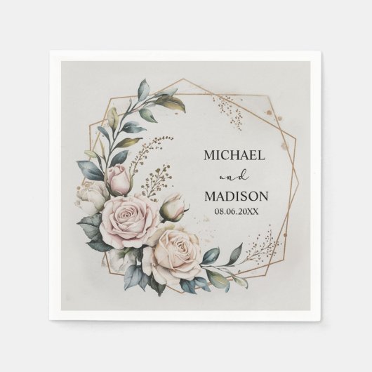 Elegant Floral Wedding Custom Names & Date Gold  スタンダードカクテルナプキン (正面)