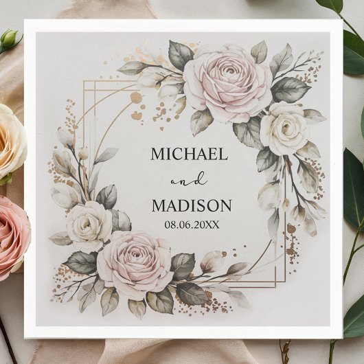 Elegant Floral Wedding Custom Names & Date Gold  スタンダードカクテルナプキン