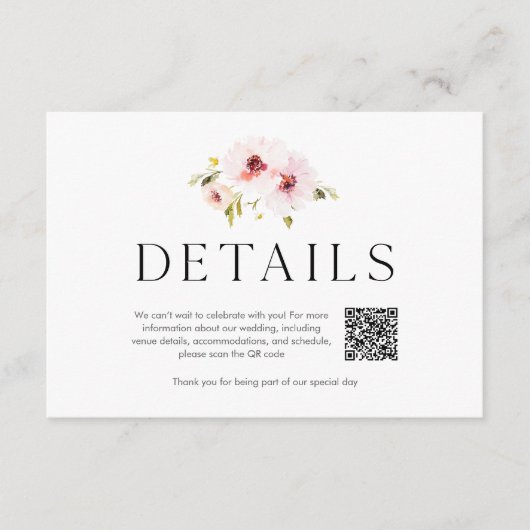 Elegant Floral Wedding Details Card with QR Code 出欠カード (正面)