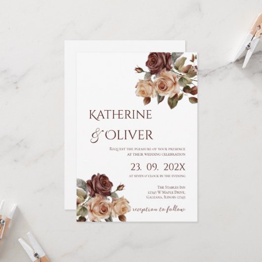 Elegant Floral Wedding Invitation 招待状 (正面/裏面インサイチュ)