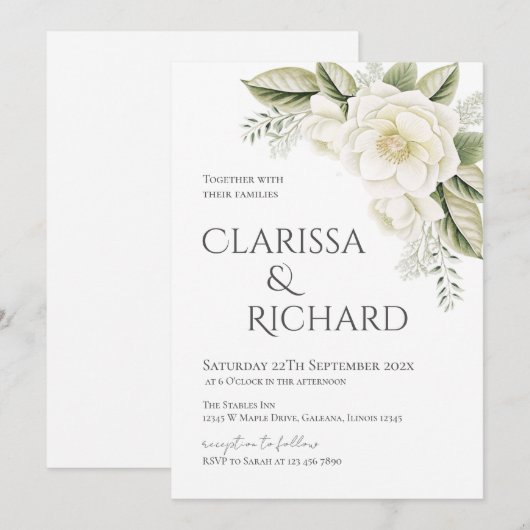 Elegant Floral Wedding Invitation 招待状 (正面/裏面)