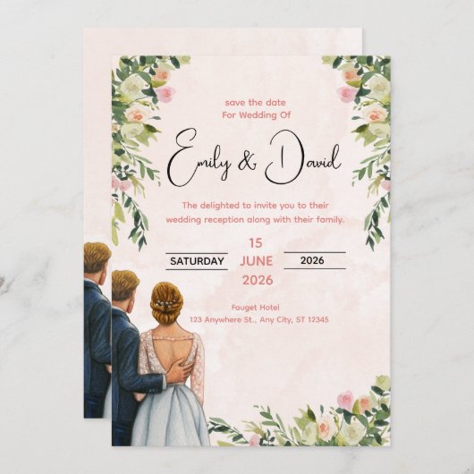 Elegant Floral Wedding Invitation 招待状 (正面/裏面)