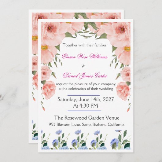 Elegant Floral Wedding Invitation | Blush Pink  招待状 (正面/裏面)