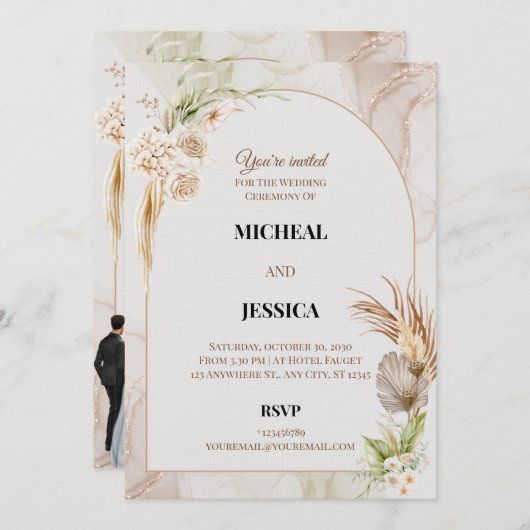Elegant Floral Wedding Invitation Card 招待状 (正面/裏面)