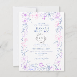 : Elegant Floral Wedding Invitation Card Blue  出欠カード