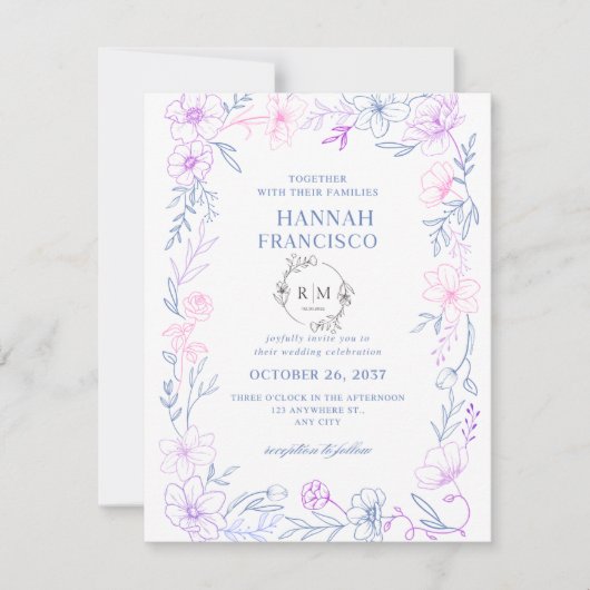: Elegant Floral Wedding Invitation Card Blue  出欠カード (正面)