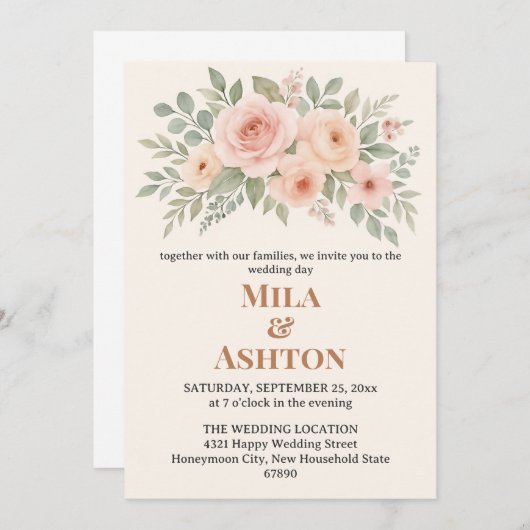 Elegant Floral Wedding Invitation – Editable 招待状 (正面/裏面)