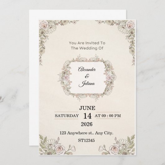 Elegant Floral Wedding Invitation | Editable Moder 招待状 (正面/裏面)