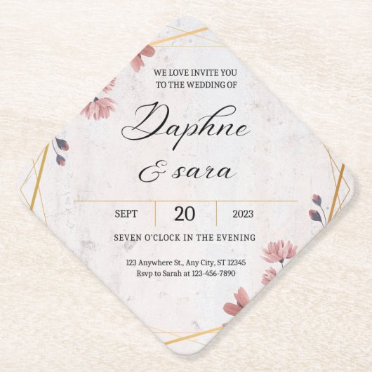 Elegant Floral Wedding Invitation – Geometric Gold ペーパーコースター (正面)