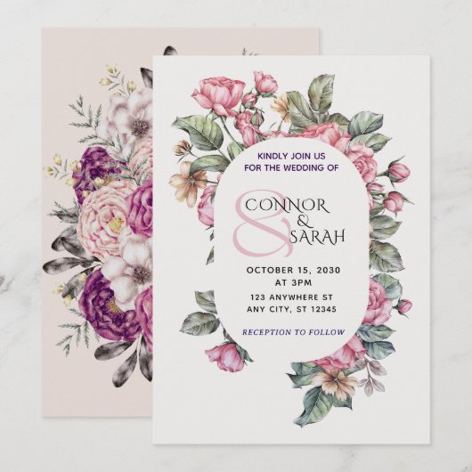 Elegant Floral Wedding Invitation – Minimalist Des 招待状 (正面/裏面)